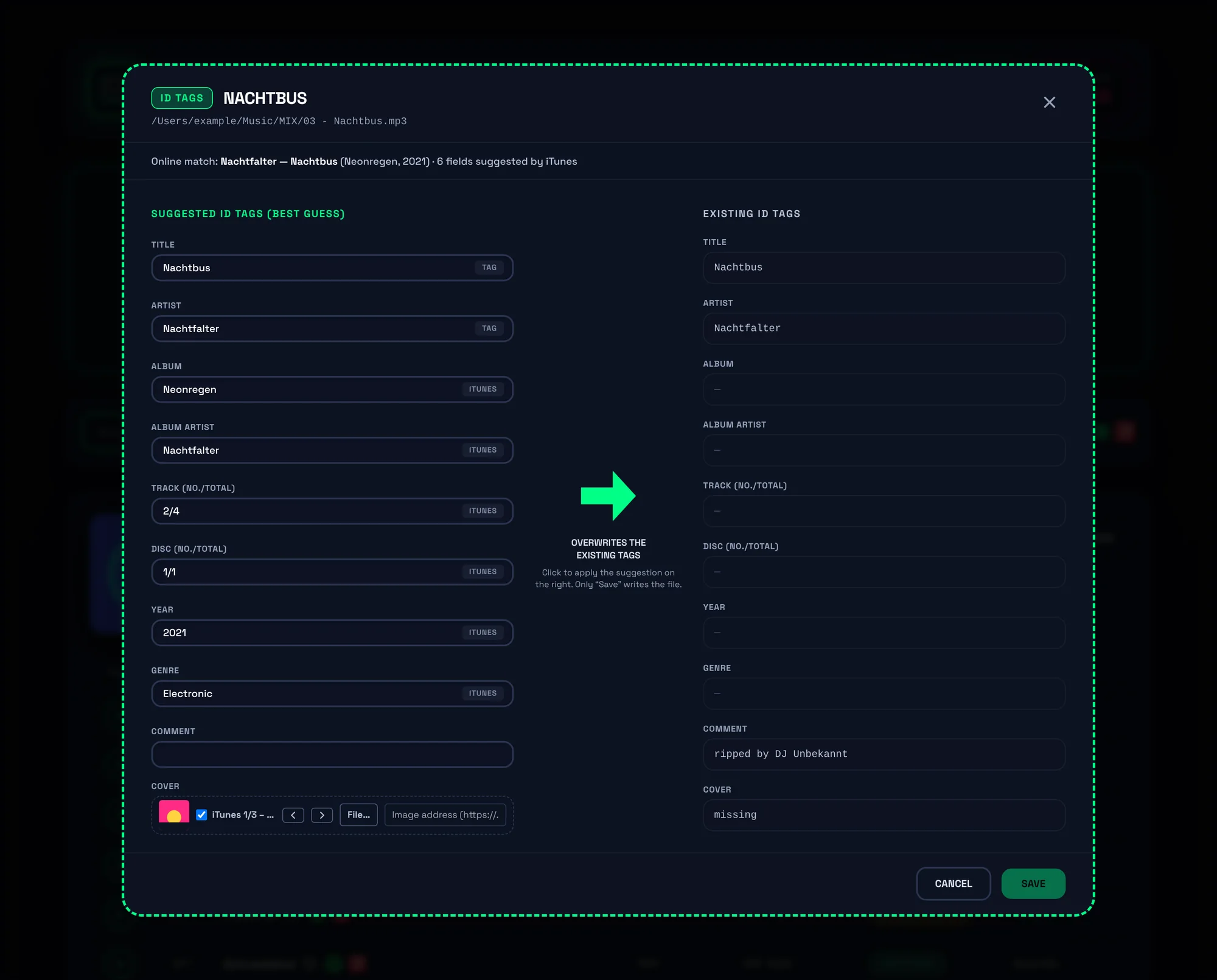 The tag editor: suggestions from iTunes for album, album artist, track, disc, year and genre on the left, the file’s existing, incomplete tags on the right, a green arrow in between.