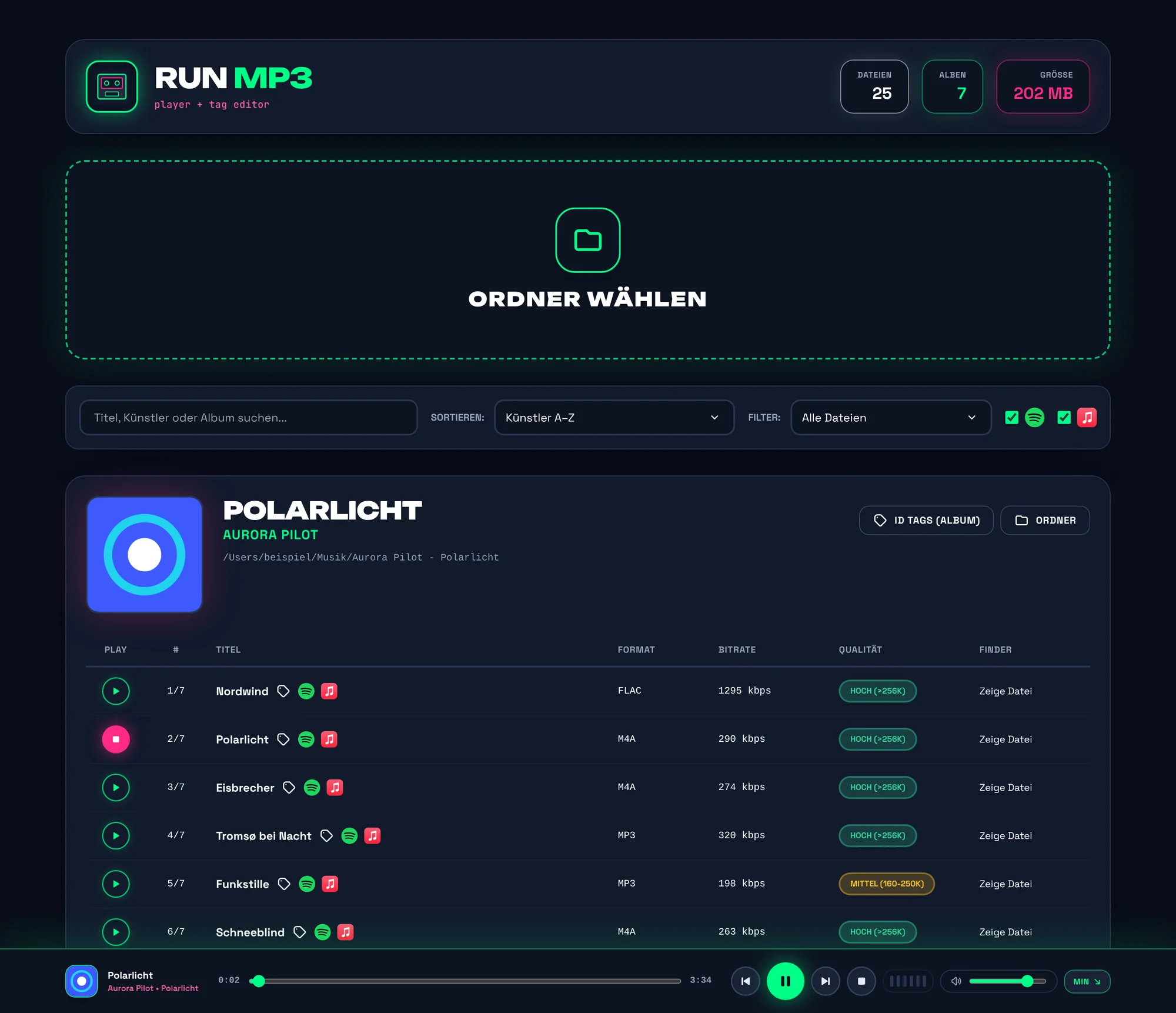 RUN MP3 mit geladener Musiksammlung: Album «Polarlicht» mit sieben Songs, Qualitätsangaben, Spotify- und Apple-Music-Links und dem Player am unteren Rand.
